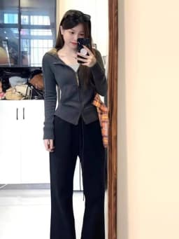 Aesthetic Vintage Grey Hooded Knit Cardigan Women High Street Retro Slim Zipper Hoodie Female Design Fashion Skinny Coat New