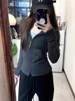 Aesthetic Vintage Grey Hooded Knit Cardigan Women High Street Retro Slim Zipper Hoodie Female Design Fashion Skinny Coat New