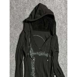 Deeptown Y2k Black Vintage Printed Hoodies Women V Neck Long Sleeve American Fashion Hooded Sweatshirt Streetwear Hip Hop Spring
