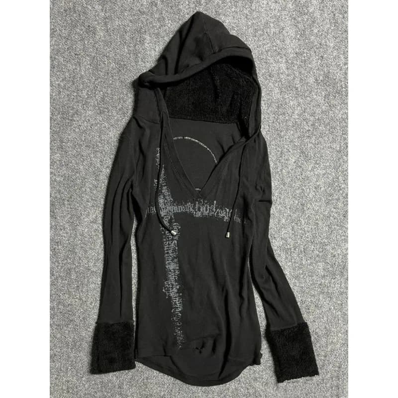 Deeptown Y2k Black Vintage Printed Hoodies Women V Neck Long Sleeve American Fashion Hooded Sweatshirt Streetwear Hip Hop Spring