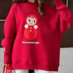 Fashion Russian Cute Red Cotton Oversized Sweatshirt - Adorable Matryoshka Doll Print "I'm A Russian Girl" Sweet Casual Loose