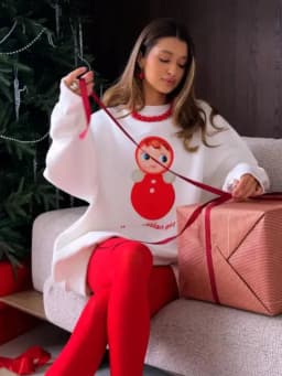 Fashion Russian Cute Red Cotton Oversized Sweatshirt - Adorable Matryoshka Doll Print "I'm A Russian Girl" Sweet Casual Loose