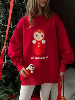 Fashion Russian Cute Red Cotton Oversized Sweatshirt - Adorable Matryoshka Doll Print "I'm A Russian Girl" Sweet Casual Loose