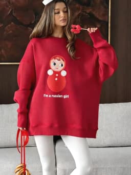 Fashion Russian Cute Red Cotton Oversized Sweatshirt - Adorable Matryoshka Doll Print "I'm A Russian Girl" Sweet Casual Loose