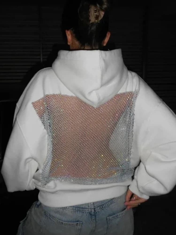 American Gothic Sexy Hollow Mesh Hoodie Y2K Clothes Womens Fashion Translucent Pullover Sweatshirt Casual Long Sleeves Jacket