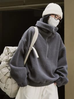 Japanese Polar Fleece Sweatshirts Fall Winter Lazy Wind Women Oversize Pullovers Chic Half Zipper Solid Warm Loose Casual Tops