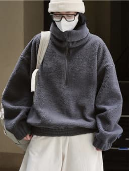 Japanese Polar Fleece Sweatshirts Fall Winter Lazy Wind Women Oversize Pullovers Chic Half Zipper Solid Warm Loose Casual Tops