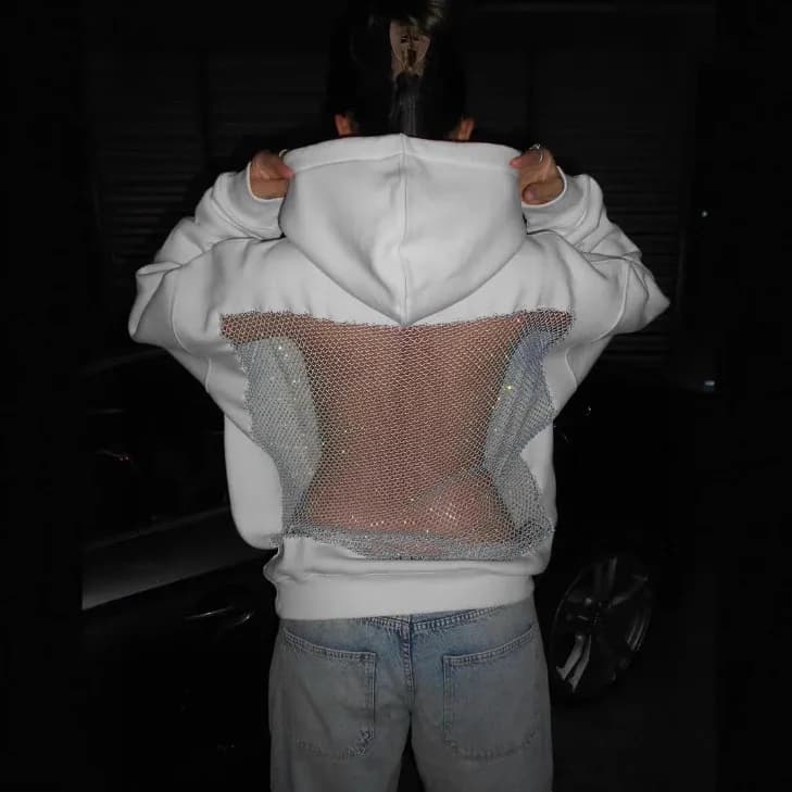 Streetwear Trendy Hoodie Women Fashion Solid Color See Through Backless Hooded Pullover Sweatshirt Female High Street 2025 New