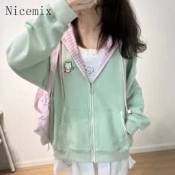 Nicemix Kawaii Cat Embroidery Zip Up Hoodie Women Cute Cutecore Harajuku Y2K Mint Pink Gingham Oversized Sweatshirt Jacket