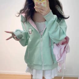 Nicemix Kawaii Cat Embroidery Zip Up Hoodie Women Cute Cutecore Harajuku Y2K Mint Pink Gingham Oversized Sweatshirt Jacket