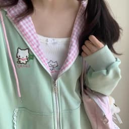 Nicemix Kawaii Cat Embroidery Zip Up Hoodie Women Cute Cutecore Harajuku Y2K Mint Pink Gingham Oversized Sweatshirt Jacket