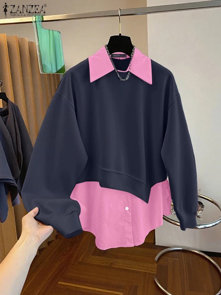 Stylish Women Sweatshirts 2025 ZANZEA Autumn Hoodies Casual Long Sleeve Tops Fake Two Piece Shirt Elegant OL Work Pullover Mujer