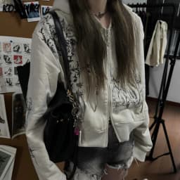 Autumn Y2k Aesthetic Cropped Hoodies Women Casual Printing Double Zippers Harajuku Punk Sweatshirt Gothic Fairy Grunge Jackets