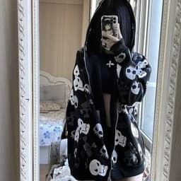 Harajuku Hoodies Women Streetwear Skull Print Long Sleeve Zipper Coat Oversized Tops Hooded Casual Korean Sweatshirt Y2k Clothes