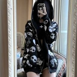 Harajuku Hoodies Women Streetwear Skull Print Long Sleeve Zipper Coat Oversized Tops Hooded Casual Korean Sweatshirt Y2k Clothes