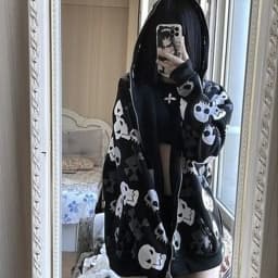 Harajuku Hoodies Women Streetwear Skull Print Long Sleeve Zipper Coat Oversized Tops Hooded Casual Korean Sweatshirt Y2k Clothes