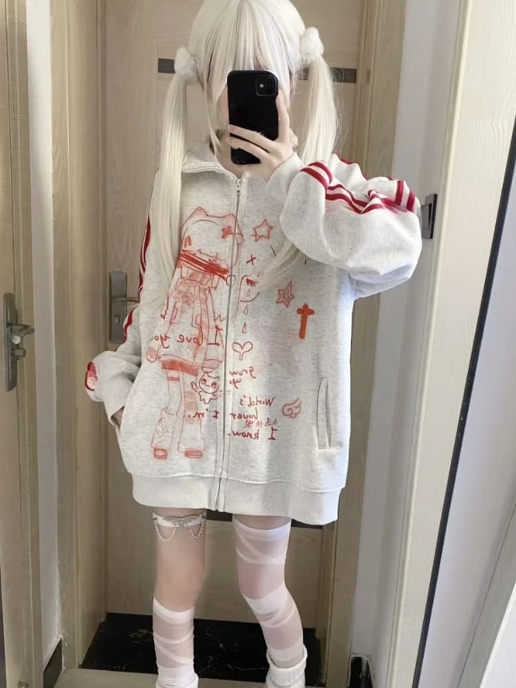 Japanese Y2k Aesthetic Stand Neck Sweatshirts Cute Kawaii Striped Anime Hoodie Harajuku Jk Casual Streetwear Loose Hoodies Women