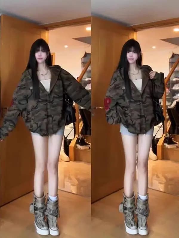 Retro American Camouflage Hoodie Short Women's Jacket Loose Sweet Cool Style Autumn Winter New Arrival Fashion Outerwear