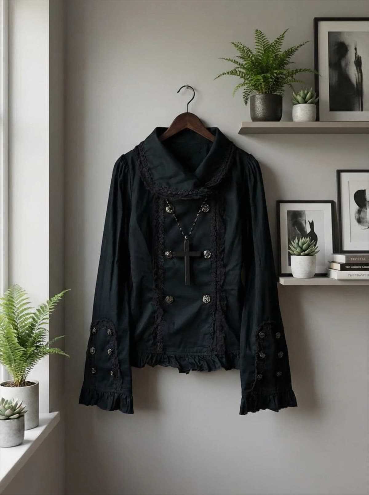 Harajuku Gothic Black Lace Trimmed Turtleneck Top Women Lace Trimmed ButtonUp Hoodie Y2K Trendy Streetwear Casual Ruffled Jacket