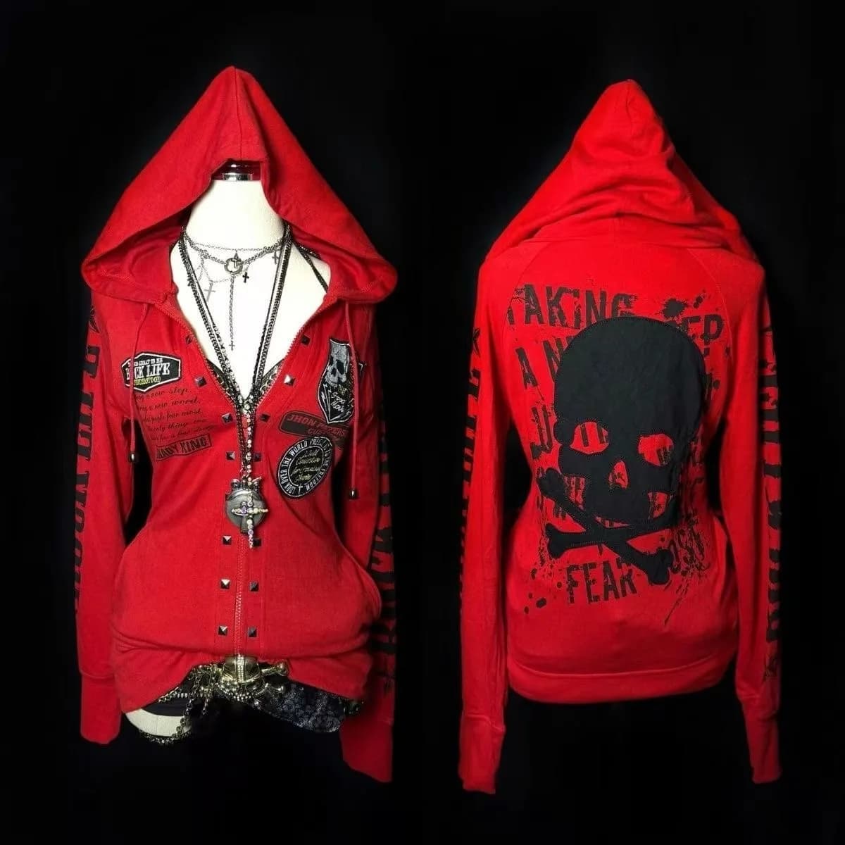 Millennial y2k American retro punk rock dark Harajuku Spice Girls long sleeved hoodie skeleton letter cardigan fall winter coat