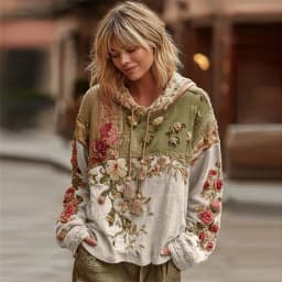 Casual French Flower Hoodie Top Women Autumn Spring Y2K Hoodie Floral Print Hoodie Loose Thin Polo Neck Coat Oversized Top New