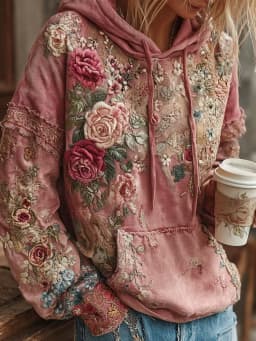 Casual French Flower Hoodie Top Women Autumn Spring Y2K Hoodie Floral Print Hoodie Loose Thin Polo Neck Coat Oversized Top New