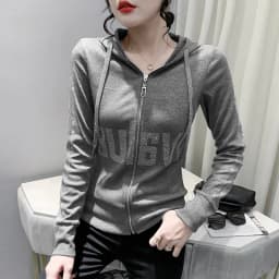 European Clothes Jacket Women Hooded Zipper Hot Diamonds Slim Top Casual Long Sleeve T-shit Autumn Winter