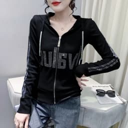 European Clothes Jacket Women Hooded Zipper Hot Diamonds Slim Top Casual Long Sleeve T-shit Autumn Winter