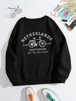 Netherlands Amsterdam Bike Design Womens Pullovers Fleece Casual Sweatshirt Autumn Loose Clothes Crewneck All-Match Sportswears