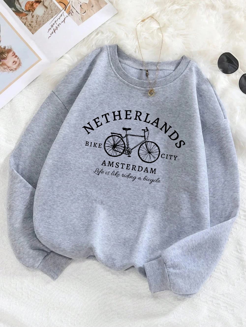 Netherlands Amsterdam Bike Design Womens Pullovers Fleece Casual Sweatshirt Autumn Loose Clothes Crewneck All-Match Sportswears