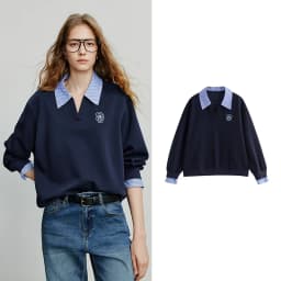 TOYOUTH Women's Hoodies Sweatshirt 2026 Autumn New Fake Two Piece Spliced Turn Down Collar Cotton Embroidered Pullover Tops