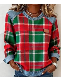 Spring Autumn Checkered Print Loose Hoodie Woman Fashion O-neck Color Matching Sweatshirt Ladies Office Versatile Pullover