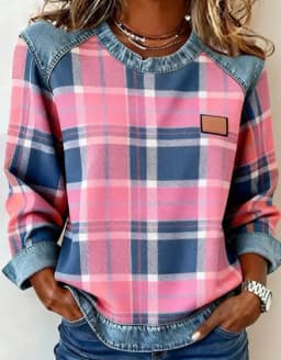 Spring Autumn Checkered Print Loose Hoodie Woman Fashion O-neck Color Matching Sweatshirt Ladies Office Versatile Pullover