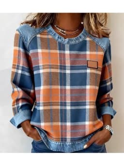 Spring Autumn Checkered Print Loose Hoodie Woman Fashion O-neck Color Matching Sweatshirt Ladies Office Versatile Pullover