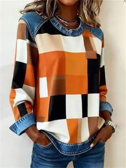 Spring Autumn Checkered Print Loose Hoodie Woman Fashion O-neck Color Matching Sweatshirt Ladies Office Versatile Pullover