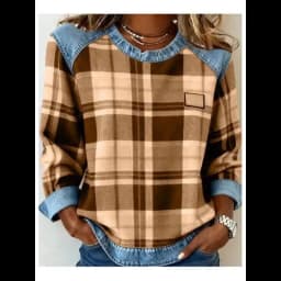 Spring Autumn Checkered Print Loose Hoodie Woman Fashion O-neck Color Matching Sweatshirt Ladies Office Versatile Pullover