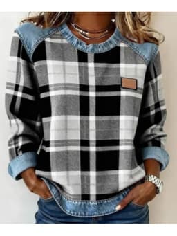 Spring Autumn Checkered Print Loose Hoodie Woman Fashion O-neck Color Matching Sweatshirt Ladies Office Versatile Pullover