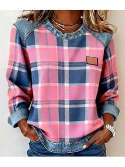 Spring Autumn Checkered Print Loose Hoodie Woman Fashion O-neck Color Matching Sweatshirt Ladies Office Versatile Pullover