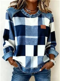 Spring Autumn Checkered Print Loose Hoodie Woman Fashion O-neck Color Matching Sweatshirt Ladies Office Versatile Pullover