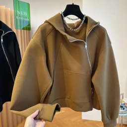 French style fashion irregular diagonal zipper hooded sweater women's loose temperament in spring and autumn design casual coat