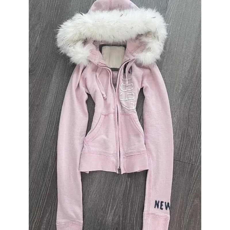 American Vintage Pink Furry Hoodie Women Y2K Harajuku Faux Fur Collar Jacket Fashion Slim Hottie Sweatshirt Fashion Retro Coats