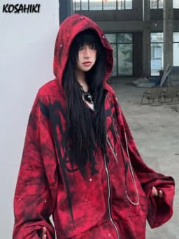 Y2k Aesthetic Printing Punk Hoodies Women Grunge Loose Pocket Oversized Hooded Hoody Harajuku Streetwear Emo Zipper Sweatshirts