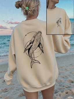 Humpback Whale Printing Sweatshirts Women Casual Crewneck Hoodies Winter Fleece Warm Pullover Loose Comfortable Womans Clothes