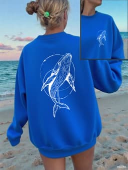 Humpback Whale Printing Sweatshirts Women Casual Crewneck Hoodies Winter Fleece Warm Pullover Loose Comfortable Womans Clothes