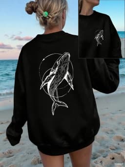 Humpback Whale Printing Sweatshirts Women Casual Crewneck Hoodies Winter Fleece Warm Pullover Loose Comfortable Womans Clothes