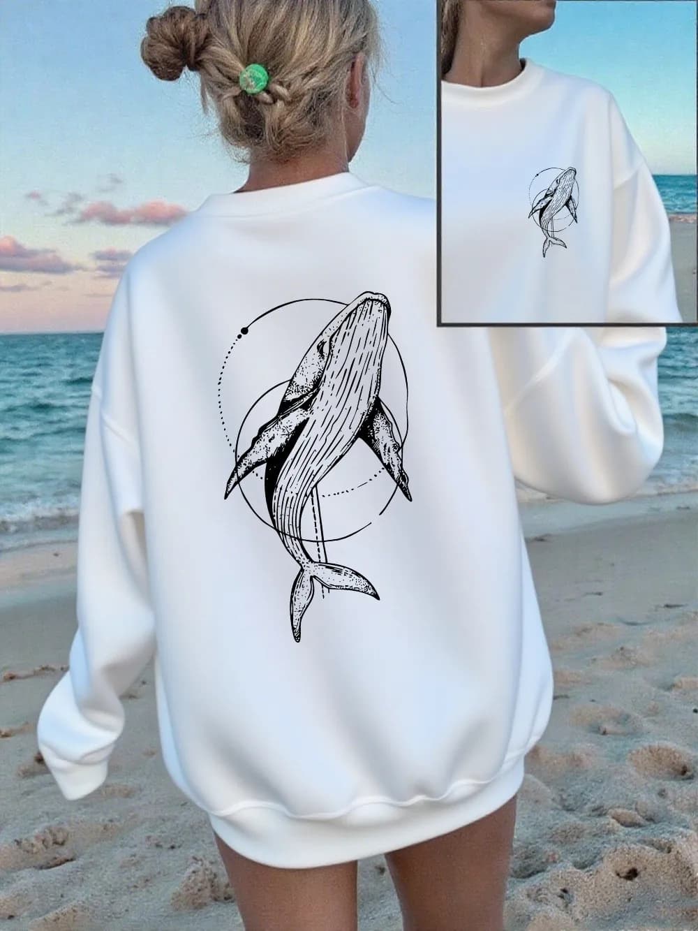 Humpback Whale Printing Sweatshirts Women Casual Crewneck Hoodies Winter Fleece Warm Pullover Loose Comfortable Womans Clothes