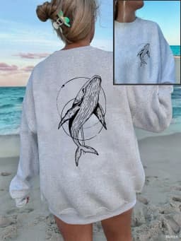 Humpback Whale Printing Sweatshirts Women Casual Crewneck Hoodies Winter Fleece Warm Pullover Loose Comfortable Womans Clothes