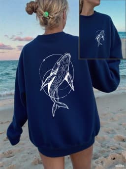 Humpback Whale Printing Sweatshirts Women Casual Crewneck Hoodies Winter Fleece Warm Pullover Loose Comfortable Womans Clothes