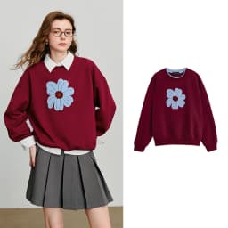 TOYOUTH Women Hoodies Sweatshirt 2025 Autumn New Green Velvet Flower Embroidered Round Neck Pullover Cotton Tops