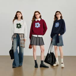 TOYOUTH Women Hoodies Sweatshirt 2025 Autumn New Green Velvet Flower Embroidered Round Neck Pullover Cotton Tops